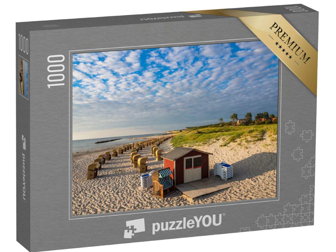 Puzzel 1000 stukjes „Strandstoelen en hut op het Oostzeestrand in Wustrow, Duitsland“