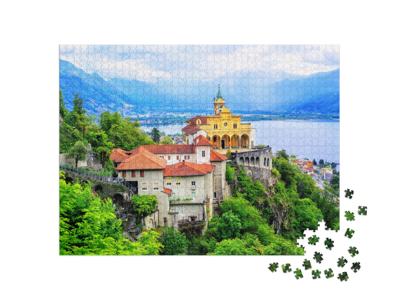Puzzel 1000 stukjes „Prachtige kerk van de Madonna del Sasso boven het Lago Maggiore, Zwitserland“