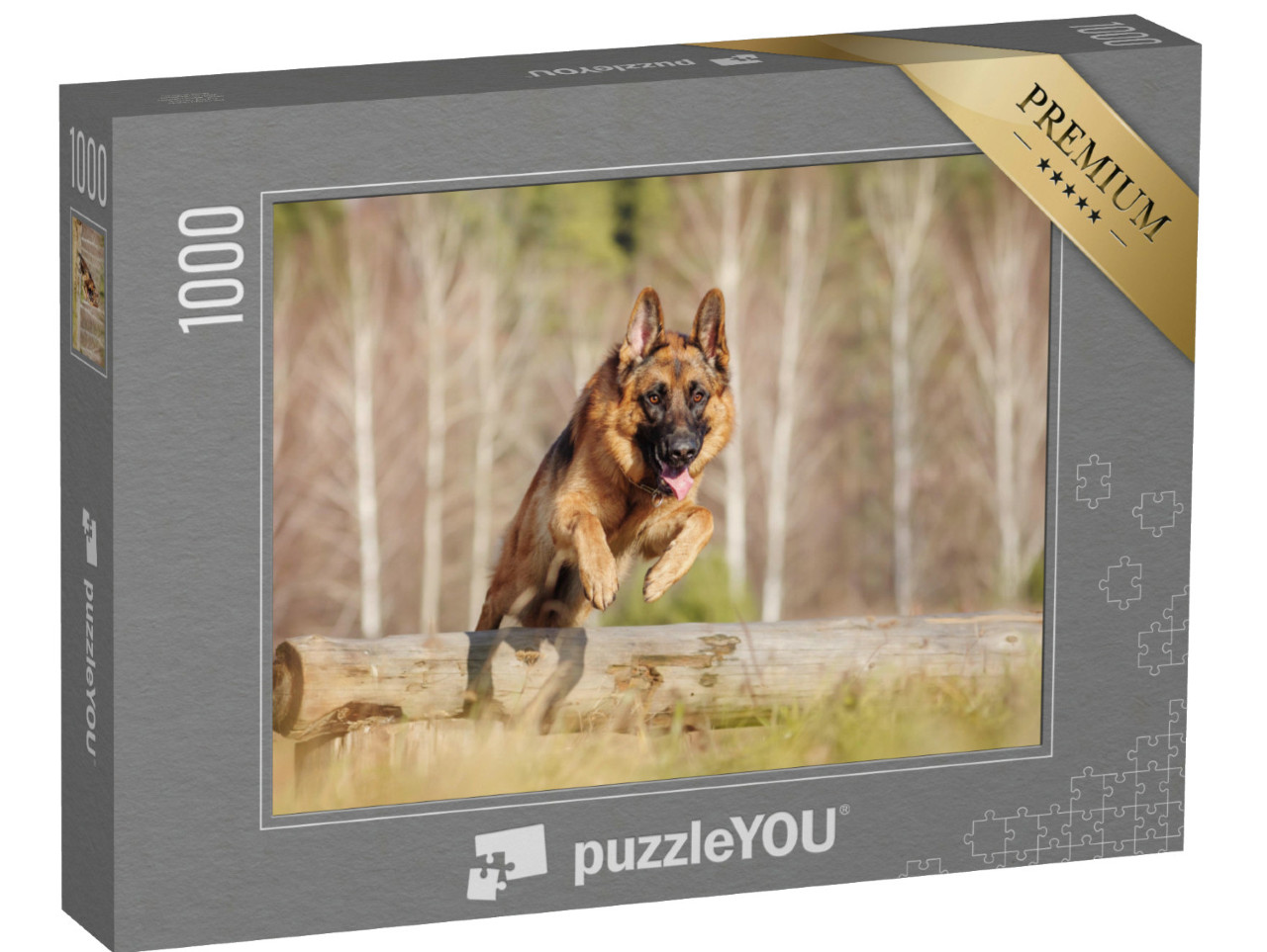 Puzzel 1000 stukjes „Duitse herdershond springt over een boomstam“