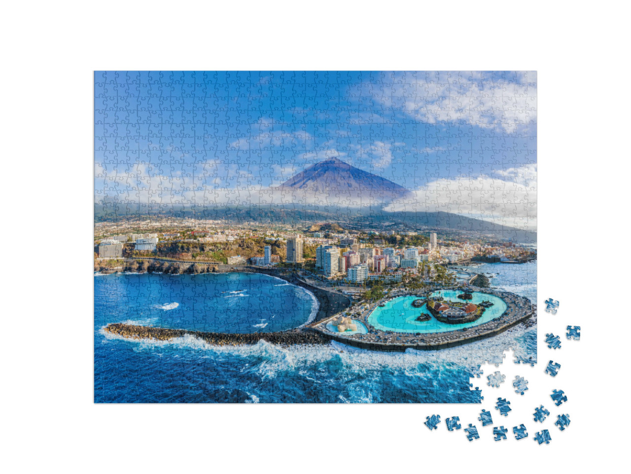 Puzzel 1000 stukjes „Luchtfoto van Puerto de la Cruz en de vulkaan Teide, Tenerife, Spanje“
