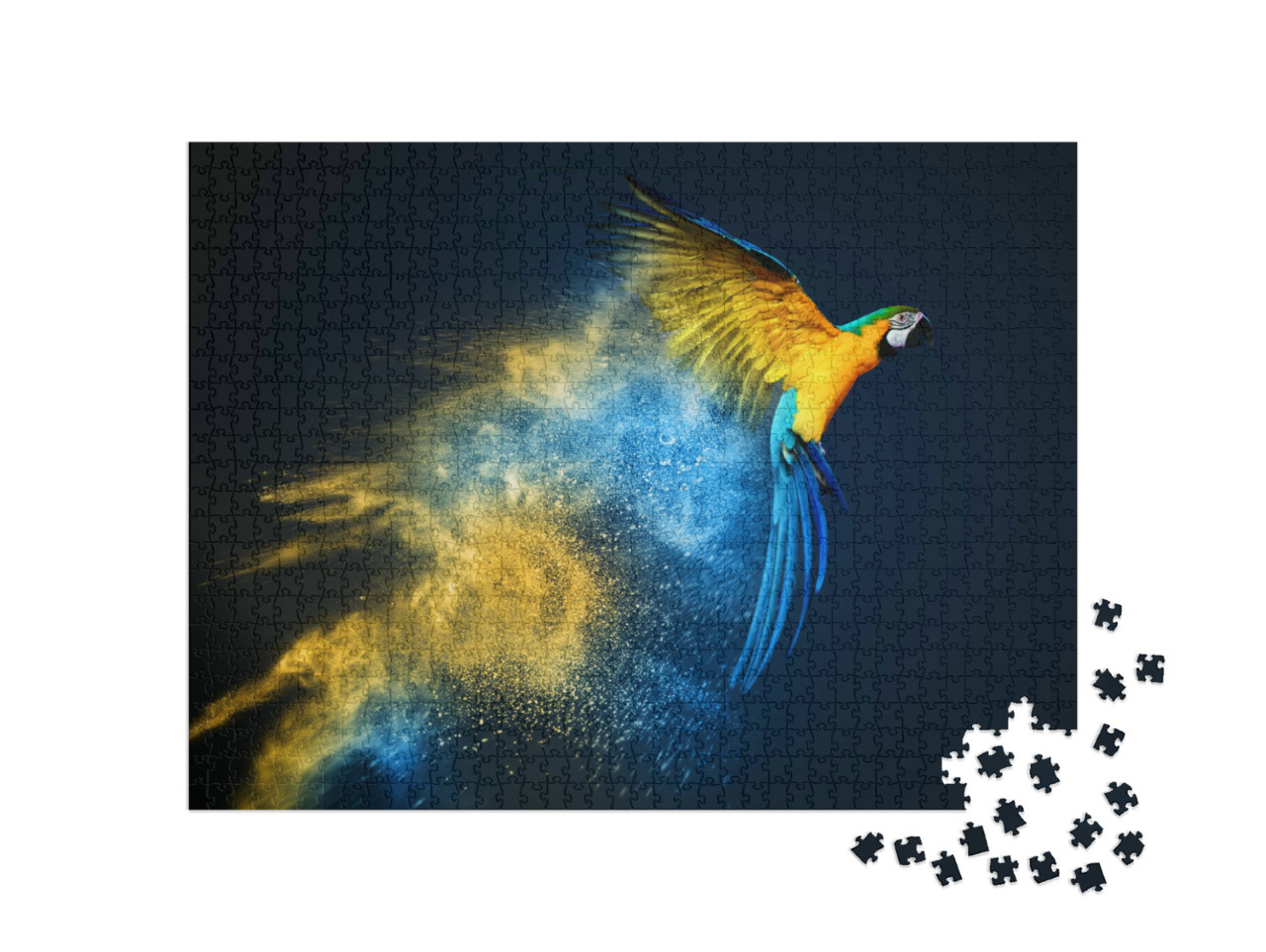 Puzzel 1000 stukjes „Vliegende ara papegaai boven kleurrijke poederexplosie“