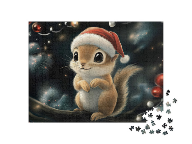 Puzzel 1000 stukjes „Écureuil avec bonnet de Noël dans l'arbre de Noël“