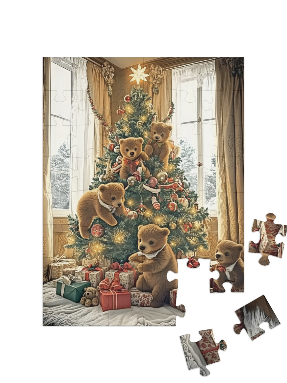 Puzzel 48 stukjes „Des enfants ours jouent dans le sapin de Noël“