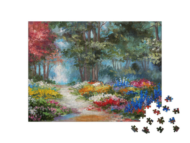 Puzzel 500 stukjes „Olieverfschilderij: Bospad omzoomd met bloemen“