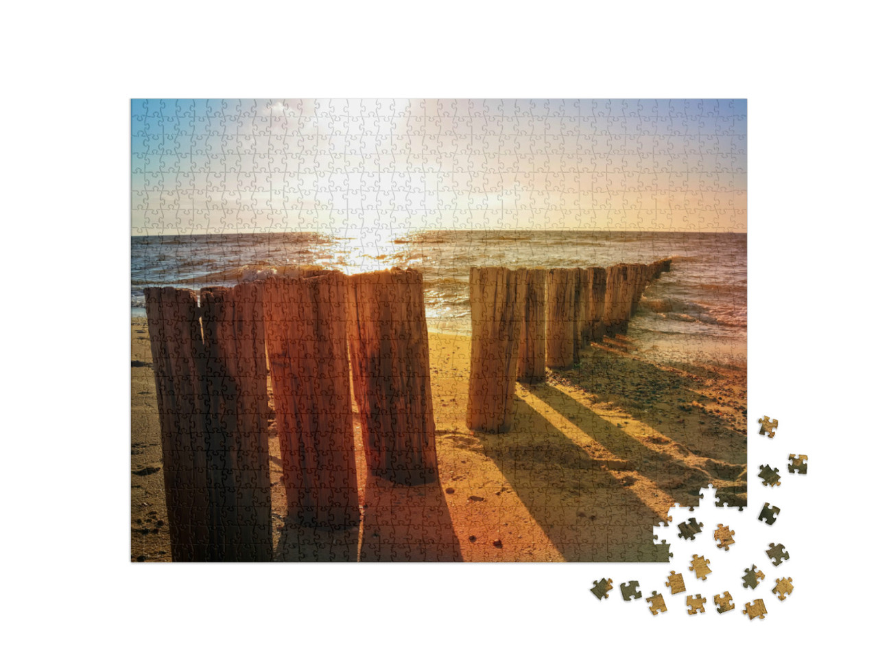 Puzzel 1000 stukjes „Houten kribben op het Noordzeestrand bij zonsondergang“