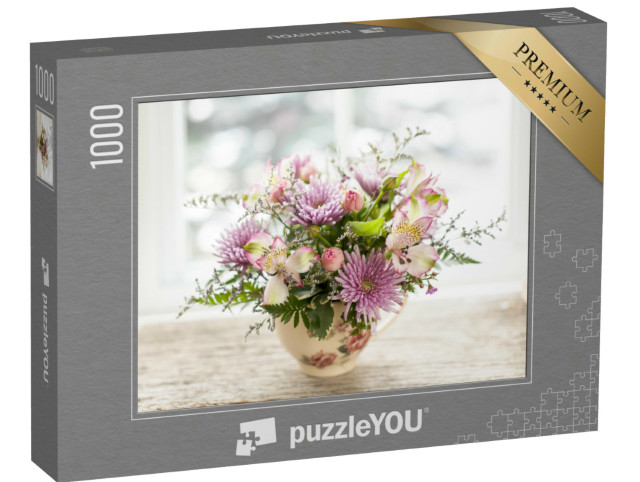 Puzzel 1000 stukjes „Boeket kleurrijke bloemen in een kleine vaas“