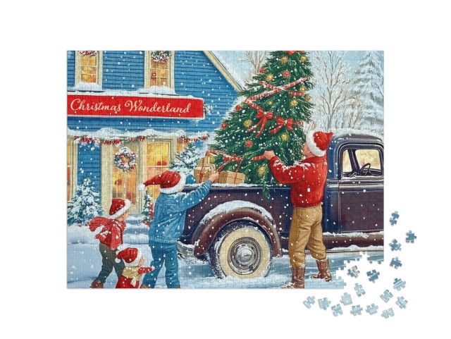 Puzzel 1000 stukjes „Design rétro de Noël : sapin de Noël sur un camion pick-up“