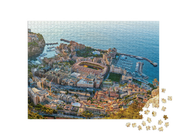 Puzzel 1000 stukjes „Zonsopgang bij het stadion van Monaco: luchtfoto“