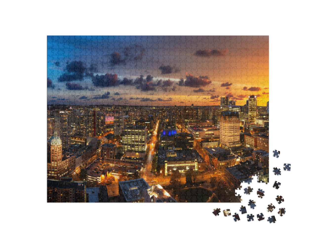 Puzzel 1000 stukjes „Panoramisch uitzicht bij schemering, Vancouver“