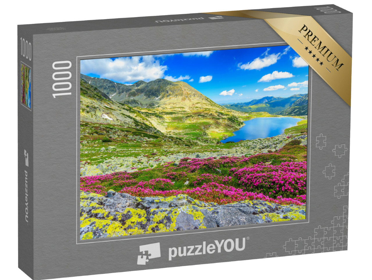 Puzzel 1000 stukjes „Gletsjermeer, hoge bergen en roze rododendrons, Karpaten, Roemenië“