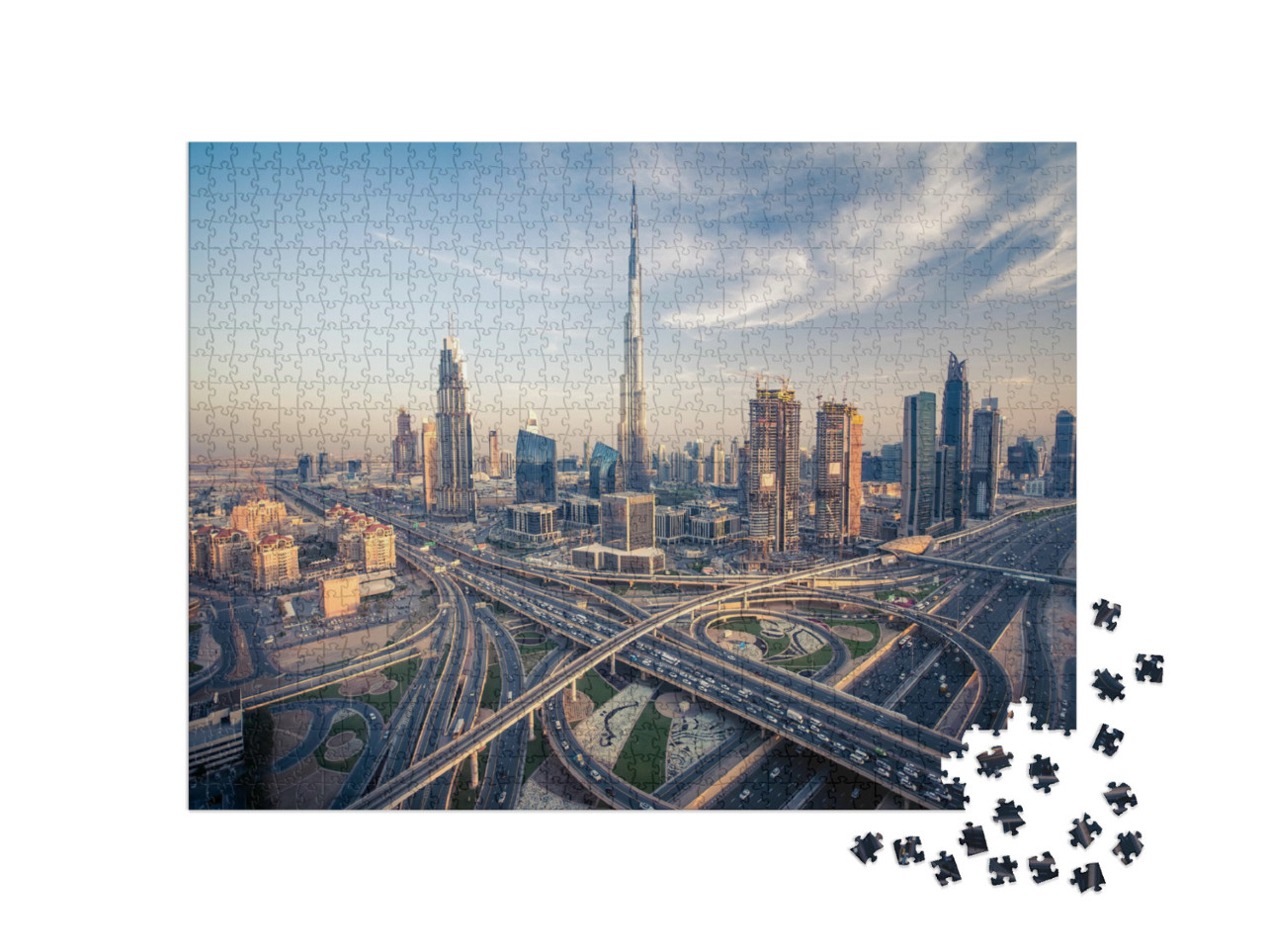 Puzzel 1000 stukjes „Dubai skyline met de drukste snelwegen“