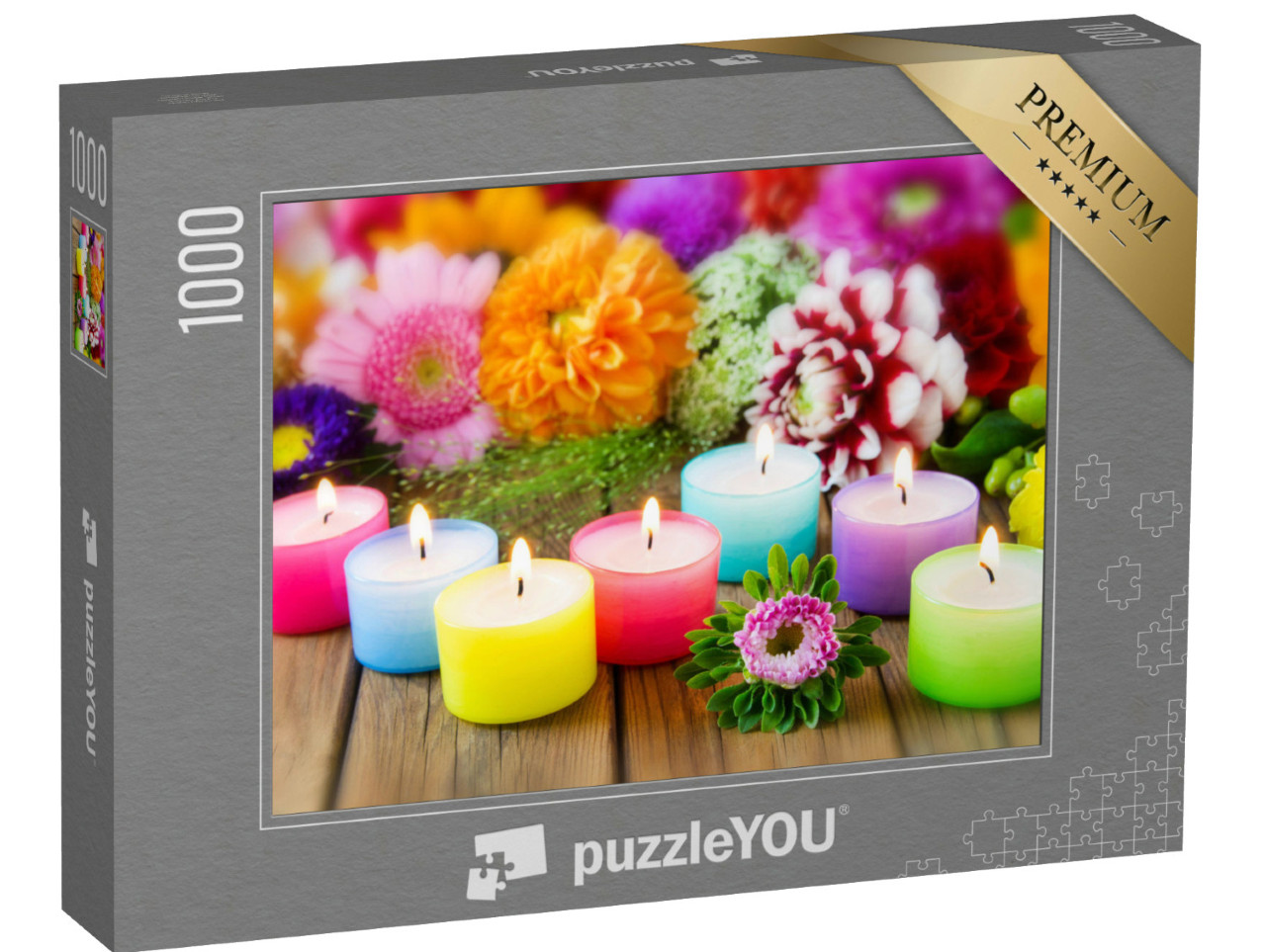 Puzzel 1000 stukjes „Zeven kleurrijke kaarsen en een boeket bloemen“