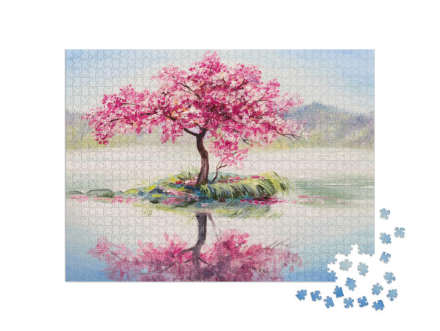 Puzzel 1000 stukjes „Olieverfschilderij: Sakura op het meer - Japanse kersenbloesem“