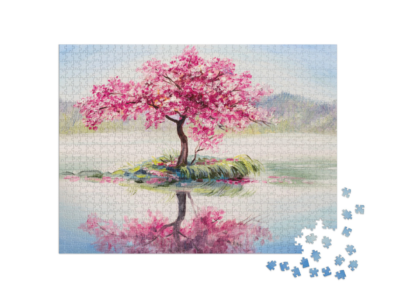 Puzzel 1000 stukjes „Olieverfschilderij: Sakura op het meer - Japanse kersenbloesem“