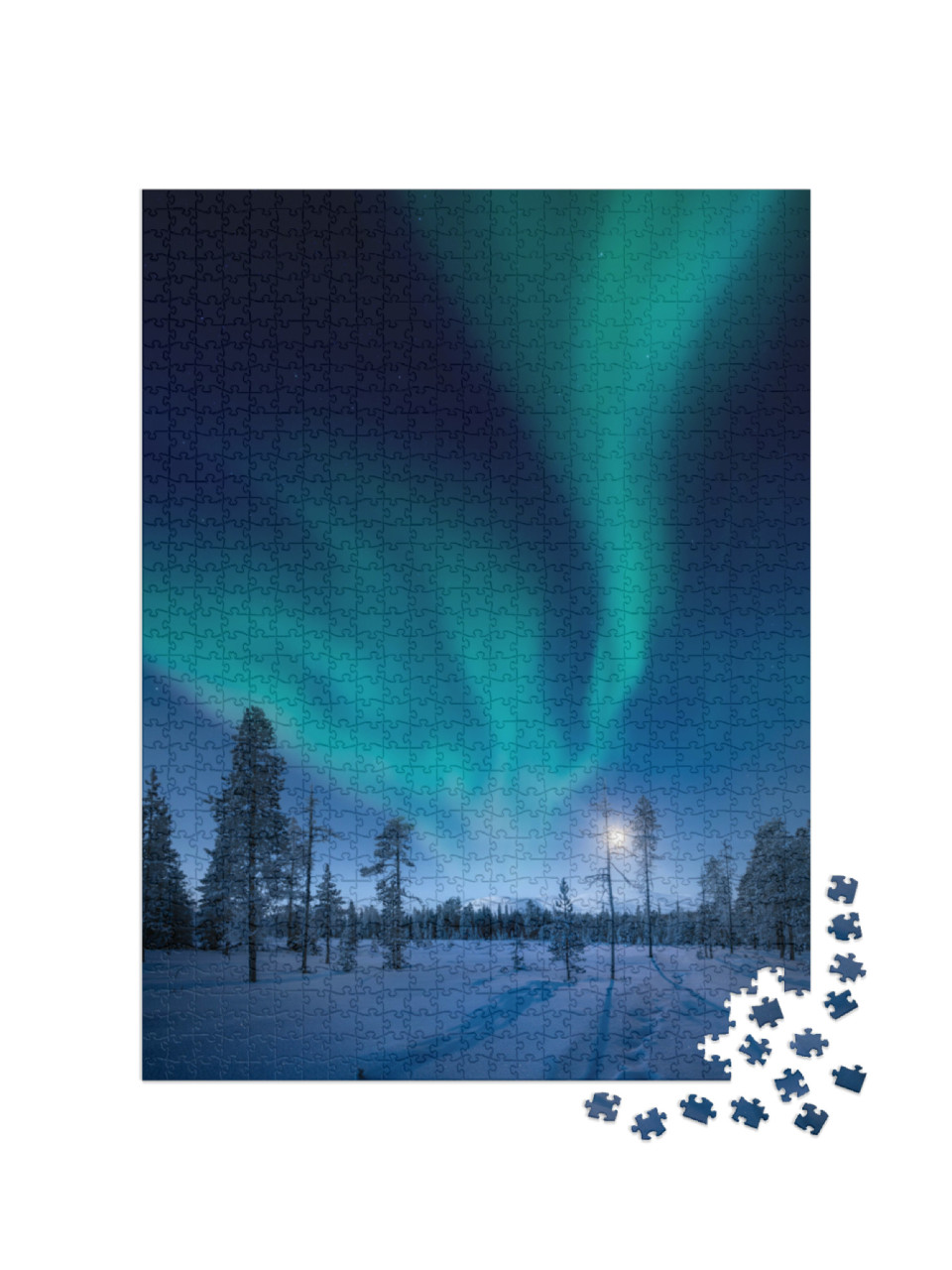 Puzzel 1000 stukjes „Maan en noorderlicht in Finland, de Pallas-rotsen op de achtergrond“