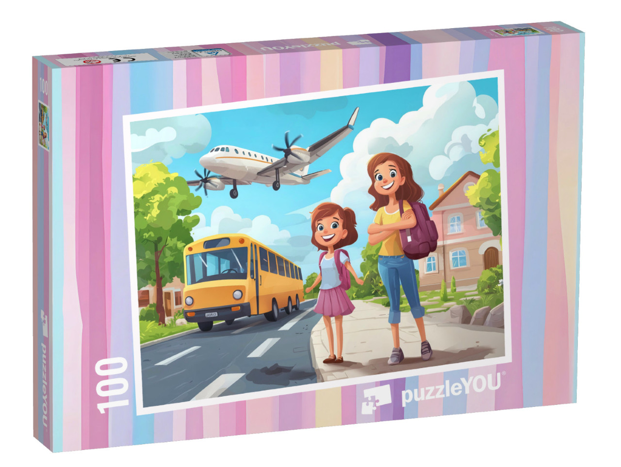 Puzzel 100 stukjes „Vliegtuigen op weg naar de schoolbus“