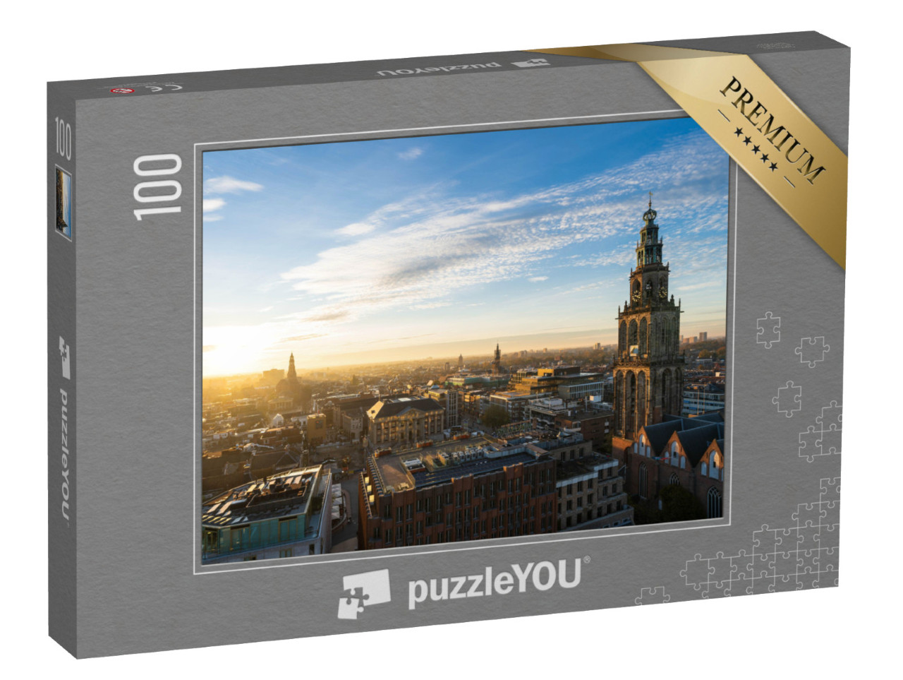 Puzzel 100 stukjes „De zonsondergang bij de Martinitoren en de historische binnenstad van Groningen“
