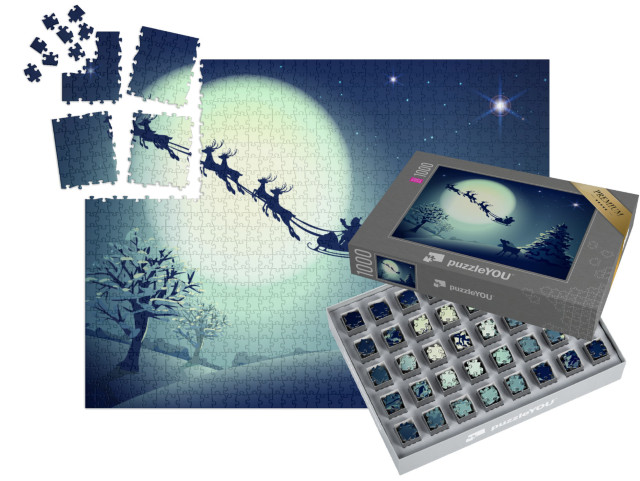 SMART SORTED® | Puzzel 1000 stukjes „Kerstman in slee, rendier, volle maan, wenskaart“