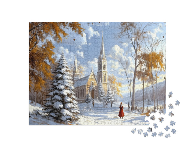 Puzzel 1000 stukjes „Église enneigée au matin de Noël“