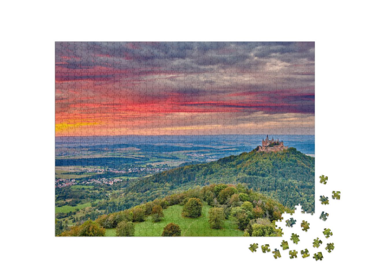 Puzzel 1000 stukjes „Kasteel Hohenzollern: bergtop bij zonsondergang“