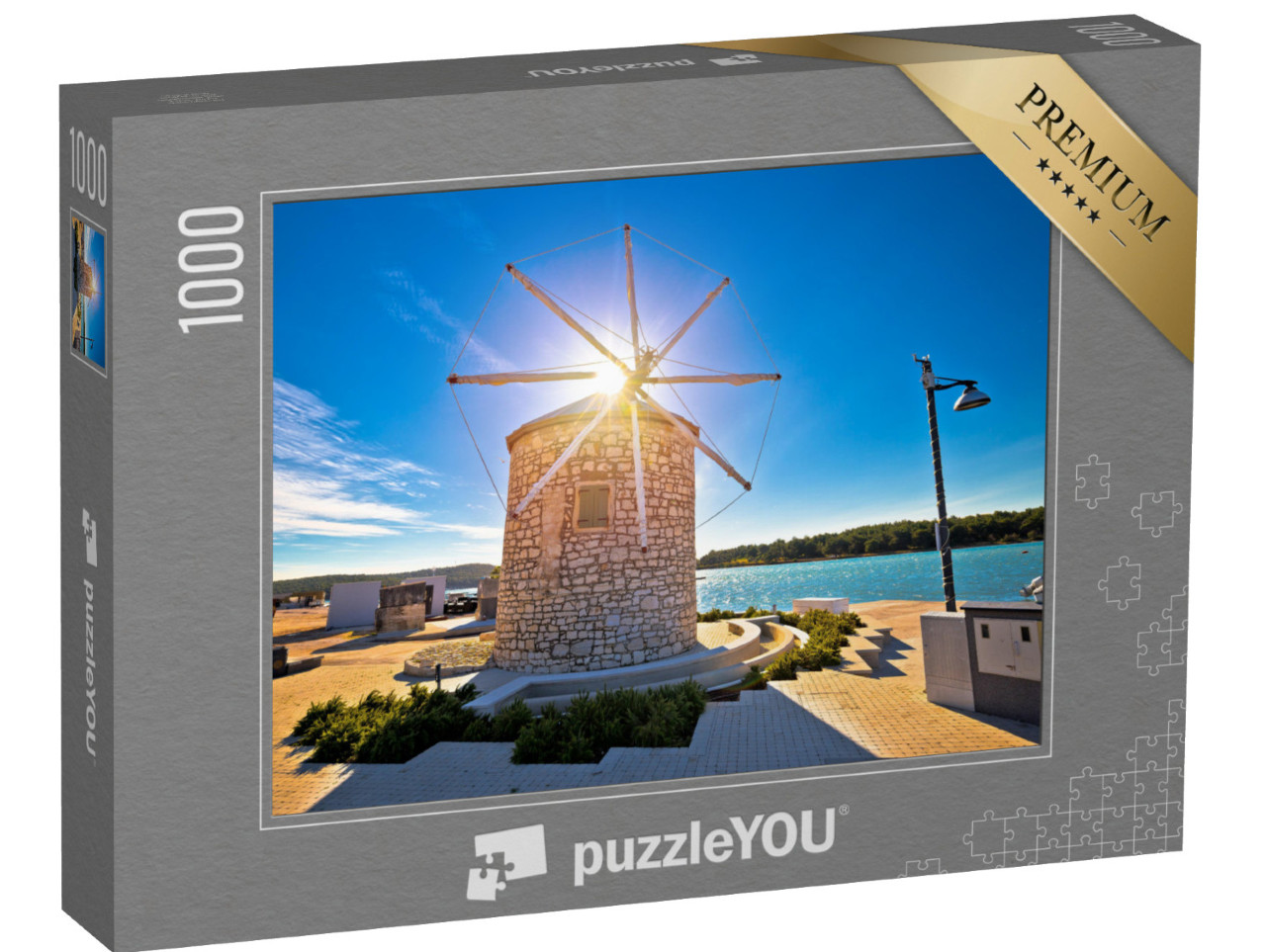 Puzzel 1000 stukjes „Stad Medulin: windmolen en uitzicht op het water, Istrië, Kroatië“