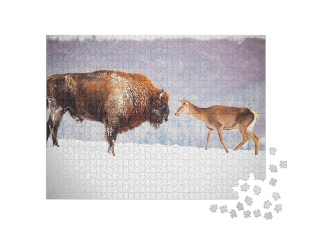 Puzzel 1000 stukjes „Europese bizons en herten in de winter“