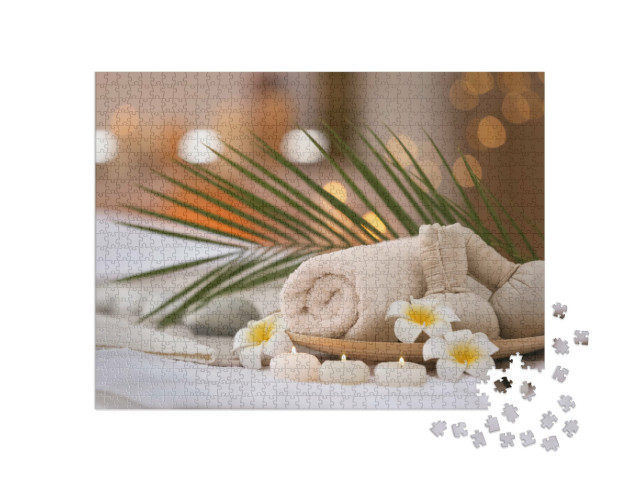 Puzzel 1000 stukjes „Mooie spacompositie op een massagetafel in het wellnesscentrum“