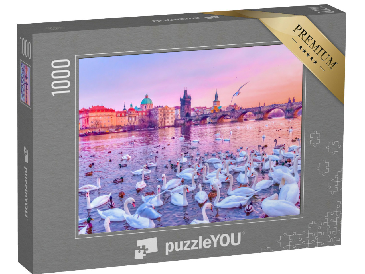 Puzzel 1000 stukjes „Zwanen op de Moldau, zonsondergang in Praag“