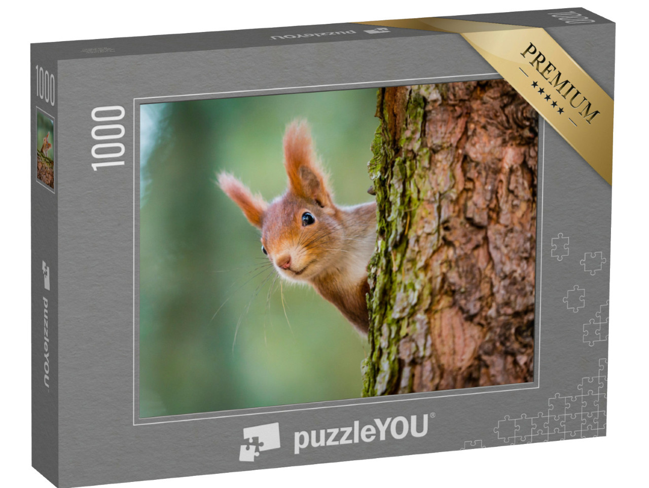 Puzzel 1000 stukjes „Nieuwsgierige rode eekhoorn gluurt achter de boomstam vandaan“