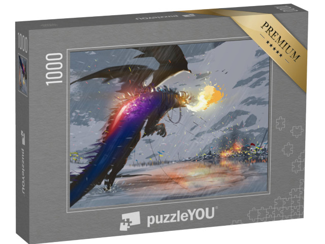Puzzel 1000 stukjes „Een reusachtige draak vliegt over sneeuw en vernietigt een stad met zijn vuur“