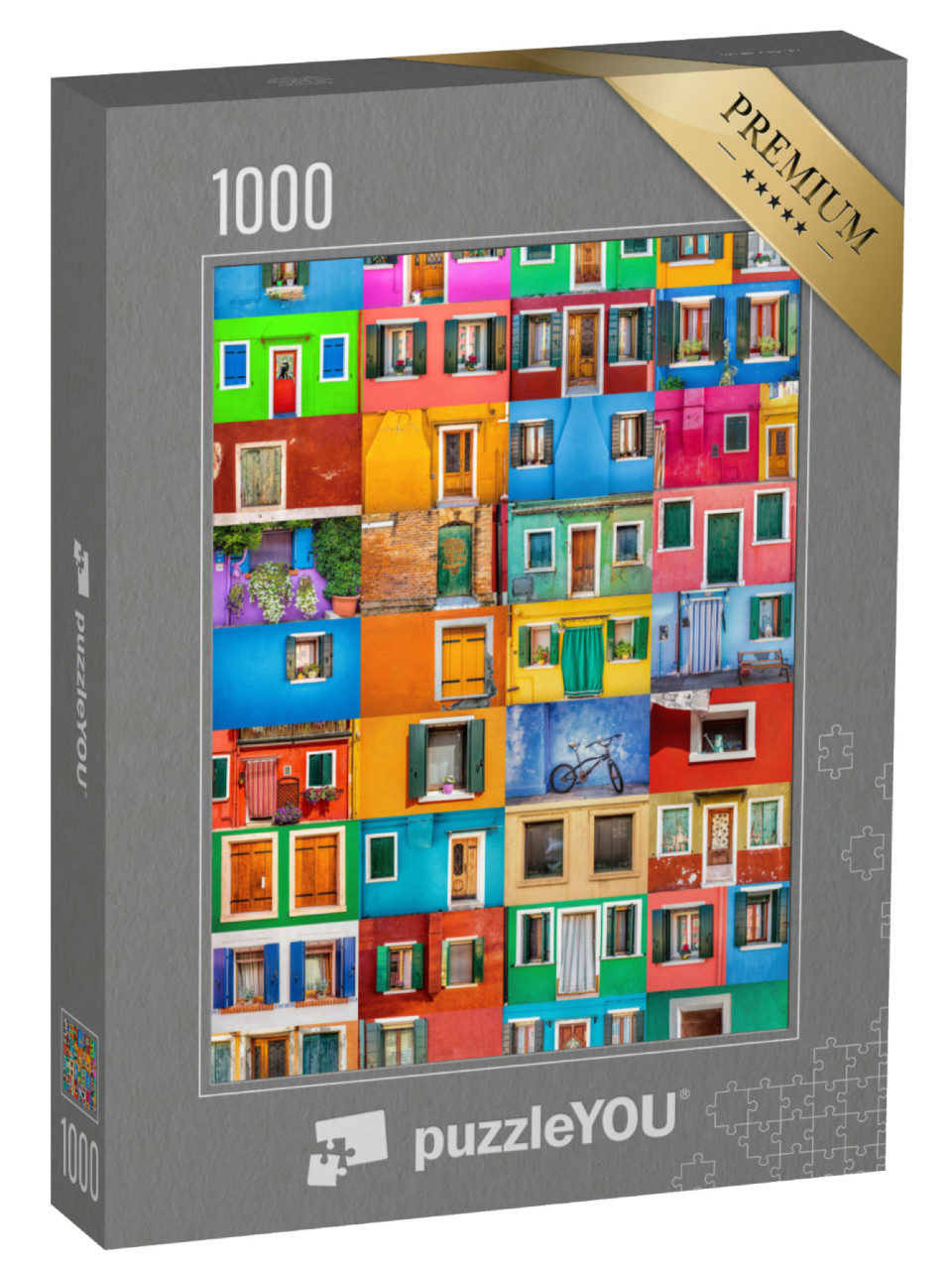 Puzzel 1000 stukjes „Collage van kleurrijke huizen op het eiland Burano, Italië“