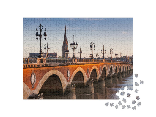 Puzzel 1000 stukjes „Zicht op de Pont de pierre bij zonsondergang, Bordeaux, Frankrijk“