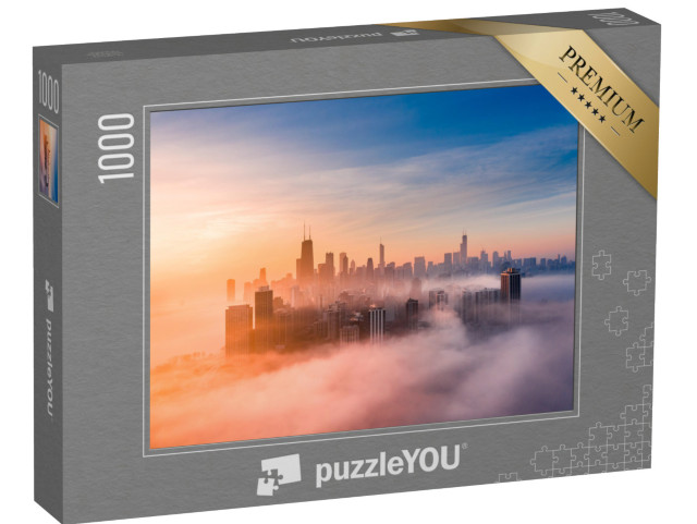 Puzzel 1000 stukjes „Mistige zonsopgang met skyline van Chicago“