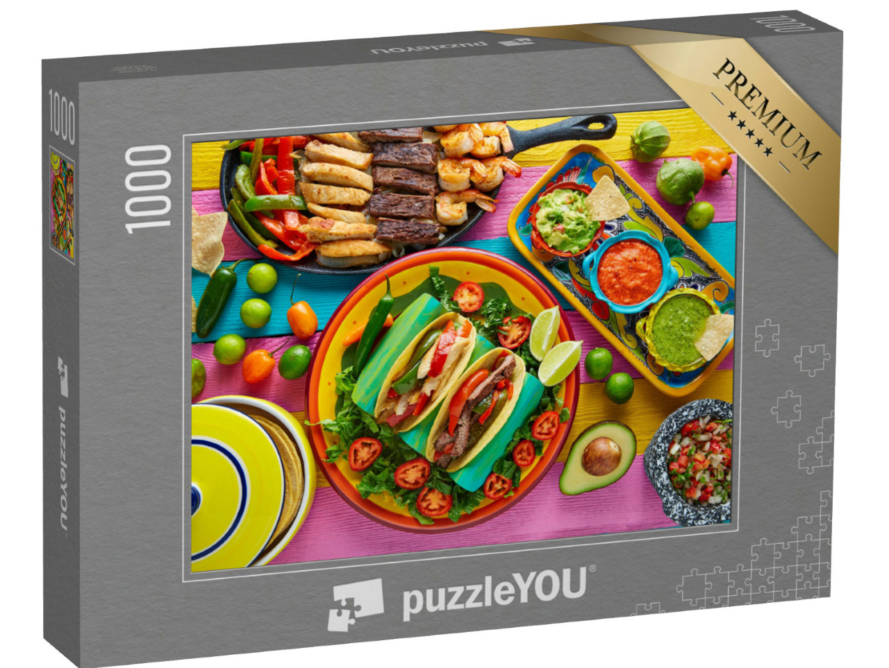 Puzzel 1000 stukjes „Mexicaanse kip en rundvlees fajitas taco's“