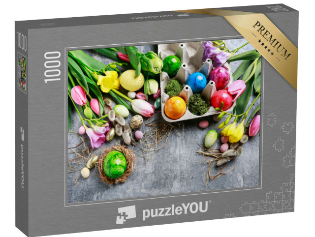 Puzzel 1000 stukjes „Kleurrijke paaseieren in een eierdoos en kleurrijke bloemen“