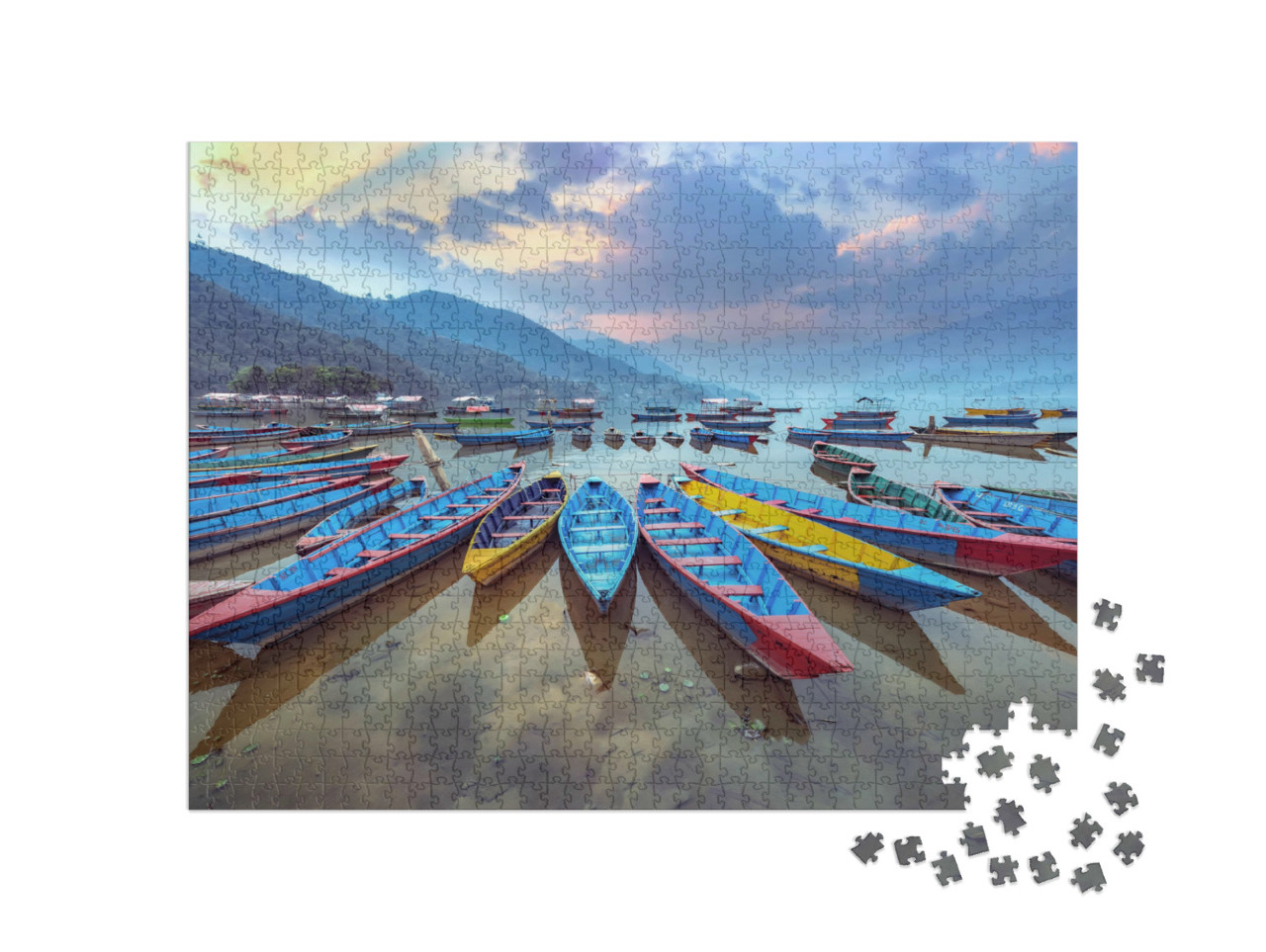 Puzzel 1000 stukjes „Typische kleurrijke roeiboten aan de oever van het Phewa meer, Nepal“
