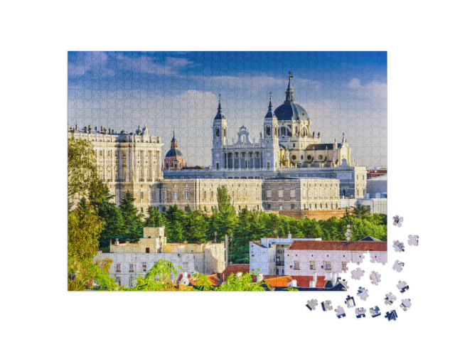 Puzzel 1000 stukjes „Madrid skyline met Santa Maria kathedraal en Koninklijk Paleis“