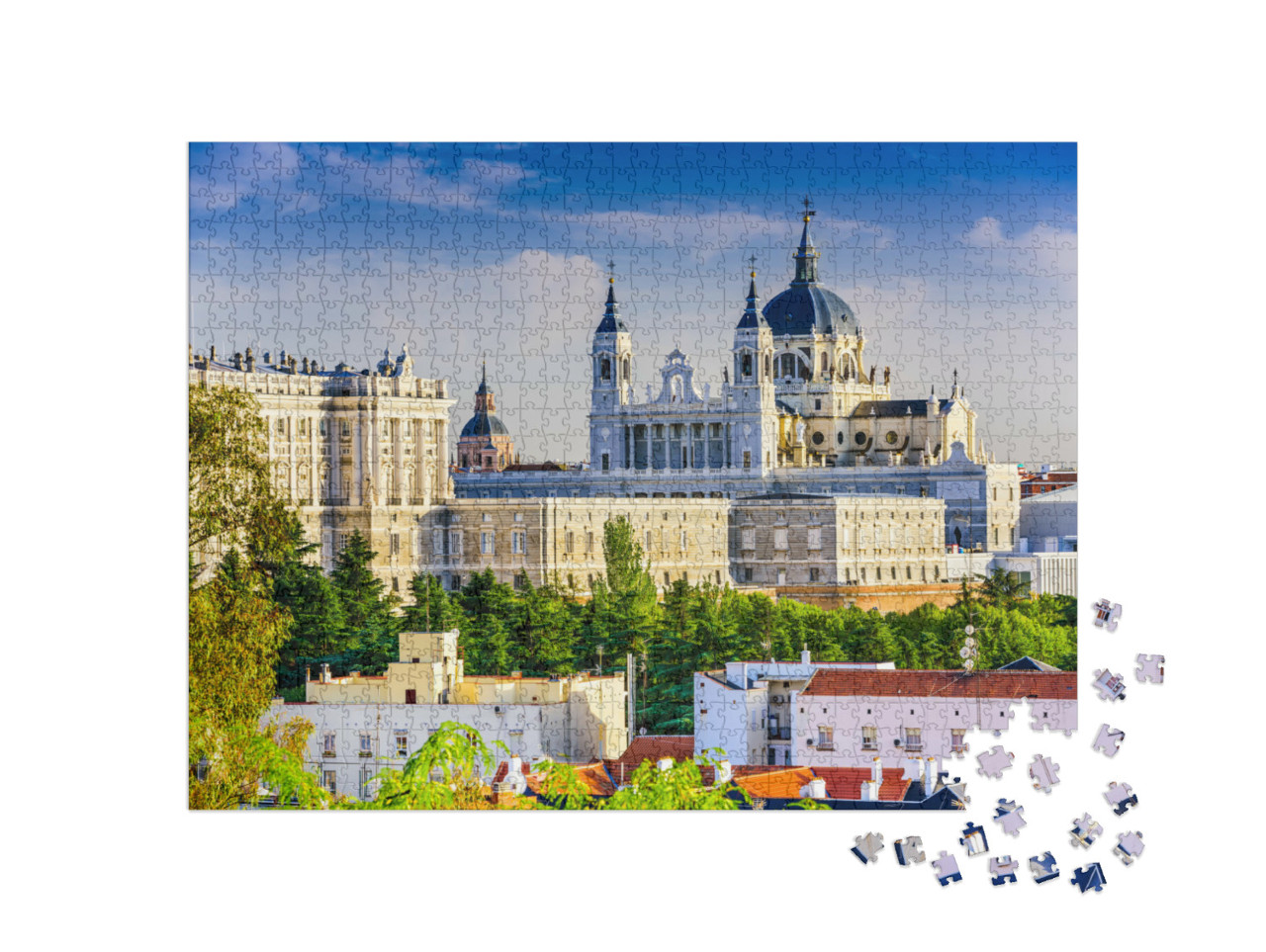 Puzzel 1000 stukjes „Madrid skyline met Santa Maria kathedraal en Koninklijk Paleis“