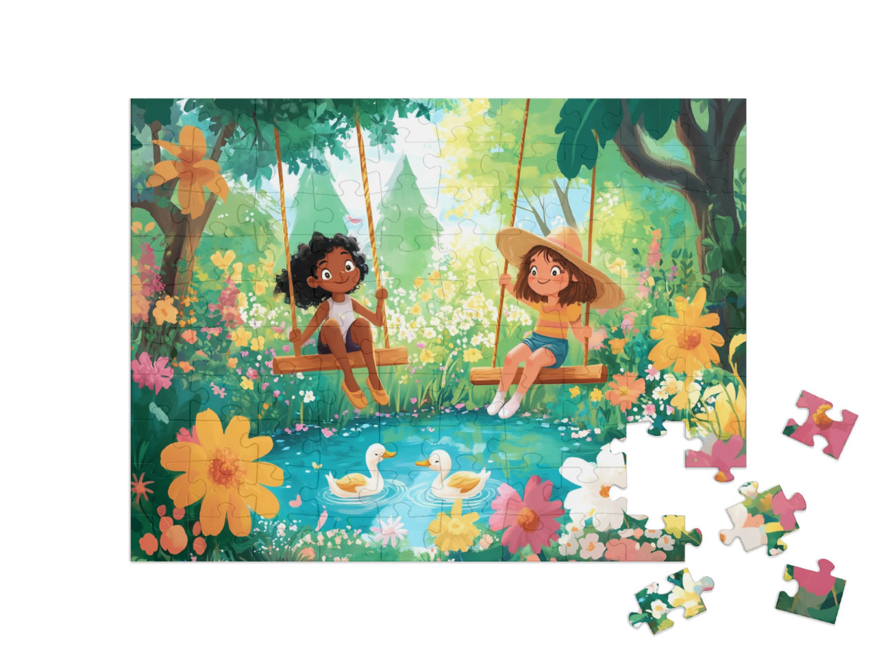 Puzzel 100 stukjes „Schommelend feest in een bloemrijk zomerparadijs“