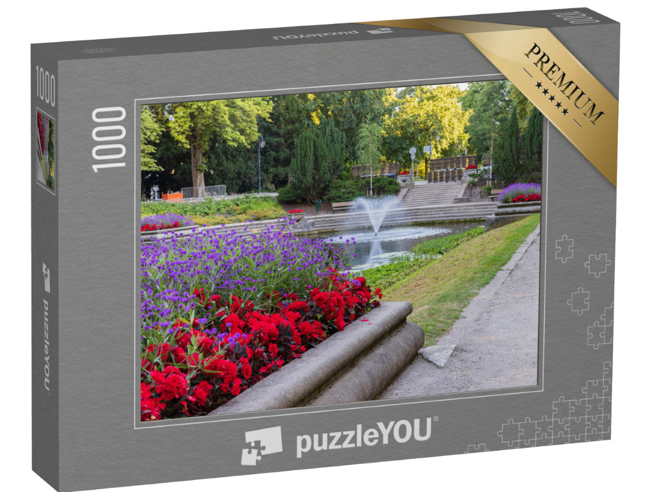 Puzzel 1000 stukjes „Fontein en grote vijver omringd door bloemen in het Noorderplantsoen in Groningen“