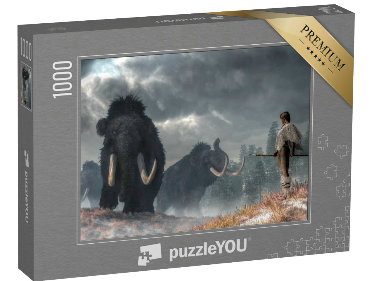 Puzzel 1000 stukjes „Moedige vrouw bij het zien van mammoeten“