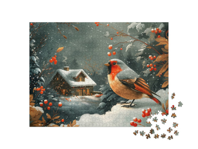 Puzzel 1000 stukjes „Petit oiseau à la découverte de la neige“