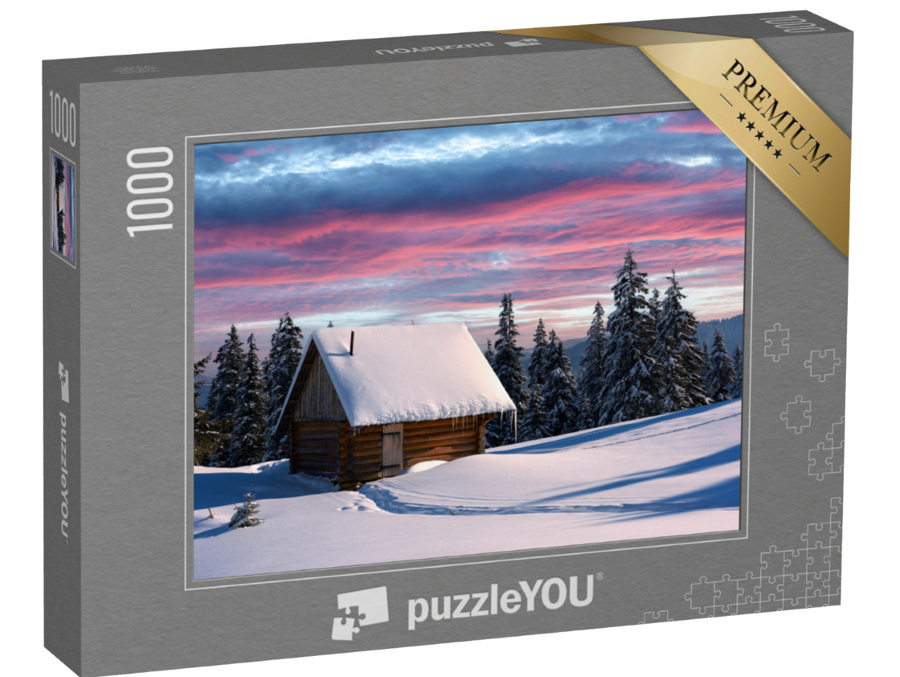 Puzzel 1000 stukjes „Winterlandschap met houten huis, Karpaten, Oekraïne“