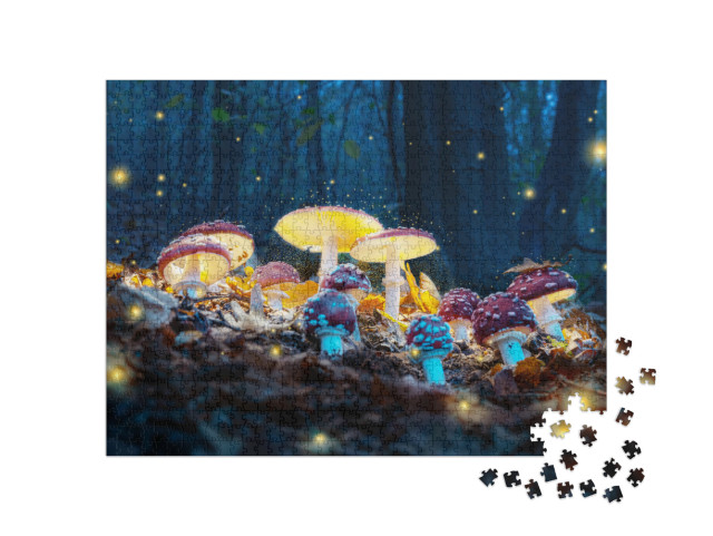 Puzzel 1000 stukjes „Mystieke paddenstoelen gloeien in het donkere bos“