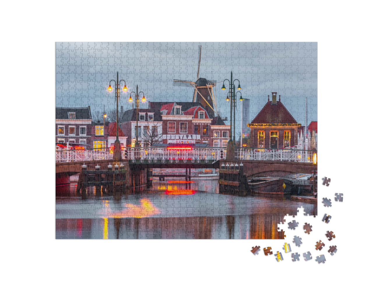 Puzzel 1000 stukjes „Nachtleiden met Blauwpoortsbrug en molen De Valk, Zuid-Holland“