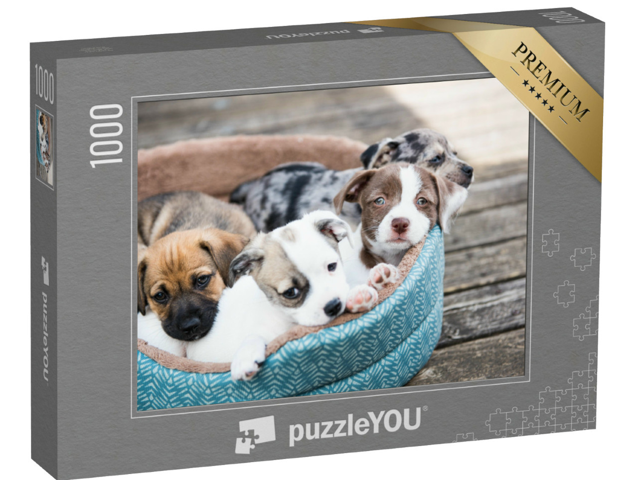 Puzzel 1000 stukjes „Terriër mix pups op het houten terras“