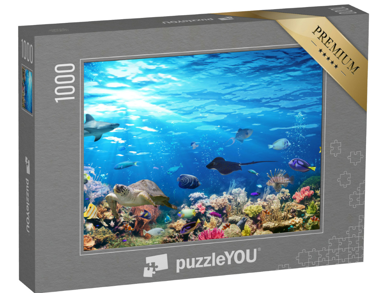 Puzzel 1000 stukjes „Onderwaterwereld met koraalrif, vissen, haaien, schildpadden en manta's“