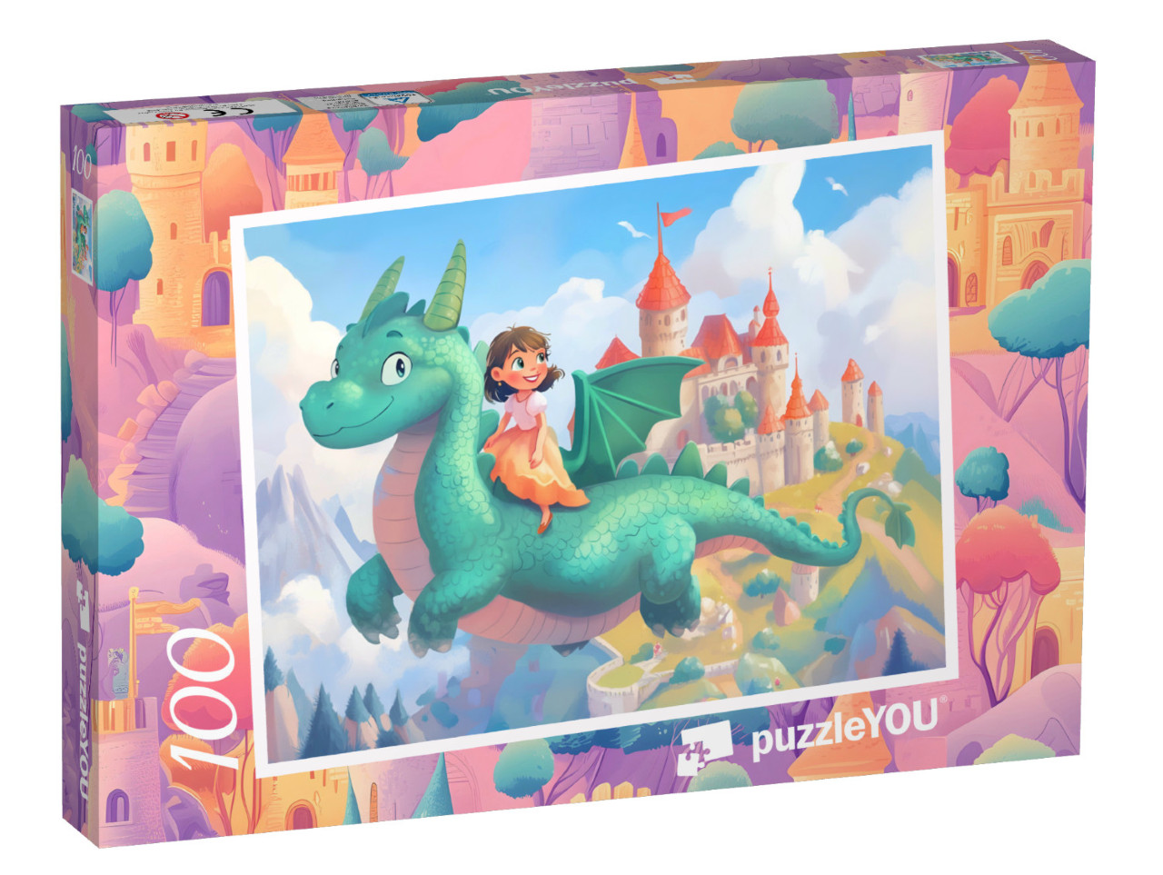 Puzzel 100 stukjes „De prinses vliegt met een vlieger boven haar kasteel“