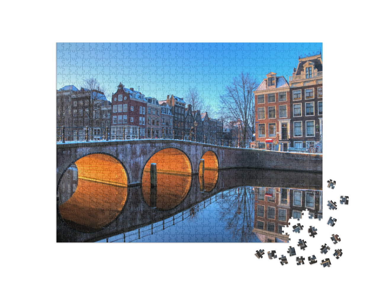 Puzzel 1000 stukjes „Prachtig winteruitzicht op een van de Amsterdamse grachten die op de Werelderfgoedlijst van Unesco staan“