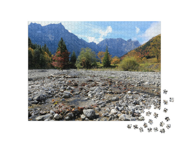 Puzzel 1000 stukjes „Rivierbedding van de Rißbach met uitzicht op het Karwendelgebergte, Oostenrijk“